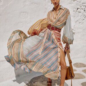 Zimmermann Rebellion Asymmetric Stripe Long Sleeve Linen & Silk Shirtdress